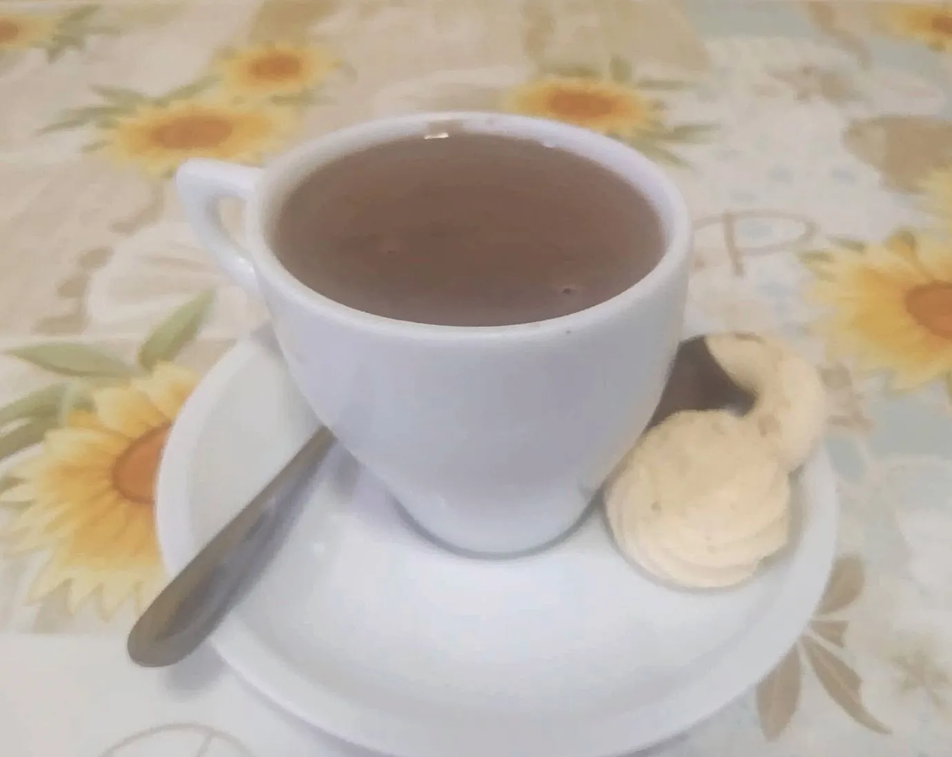 Xícara de café com biscoito no pires